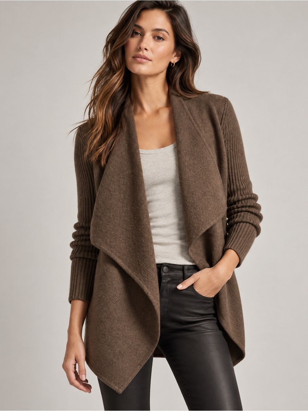 Vince Chocolate Brown Boiled Wool Ribbed Chunky Open Front Cardigan Draped Chic